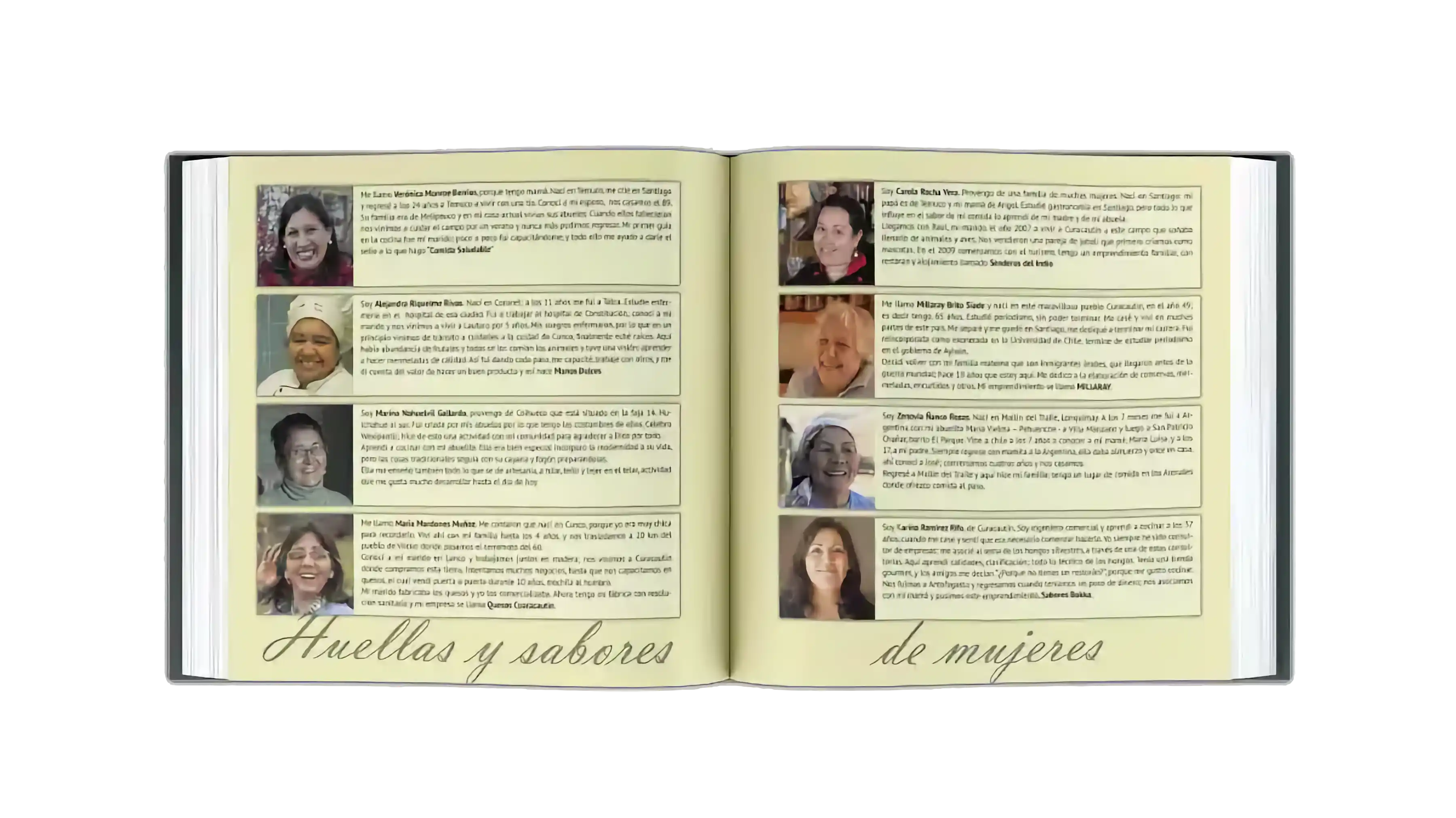 Libro abierto que muestra dos páginas de perfiles de chef.