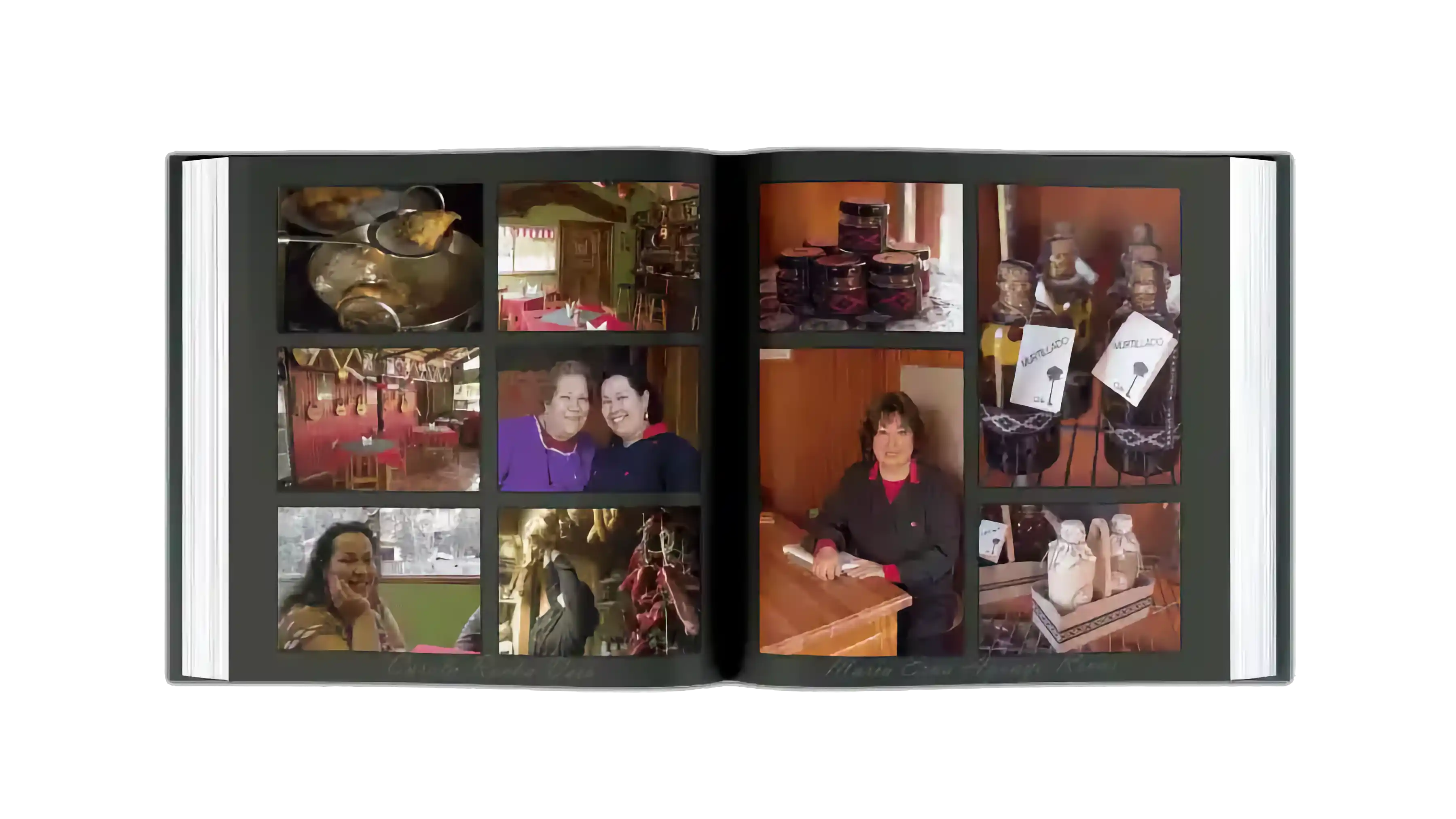 Libro abierto que muestra dos páginas de fotos con fondo negro.